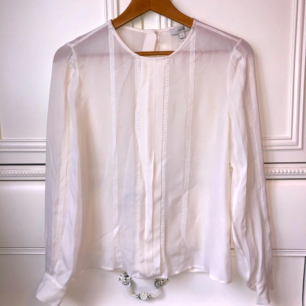 J.Crew White Sheer Blouse with Lace Striped Detail